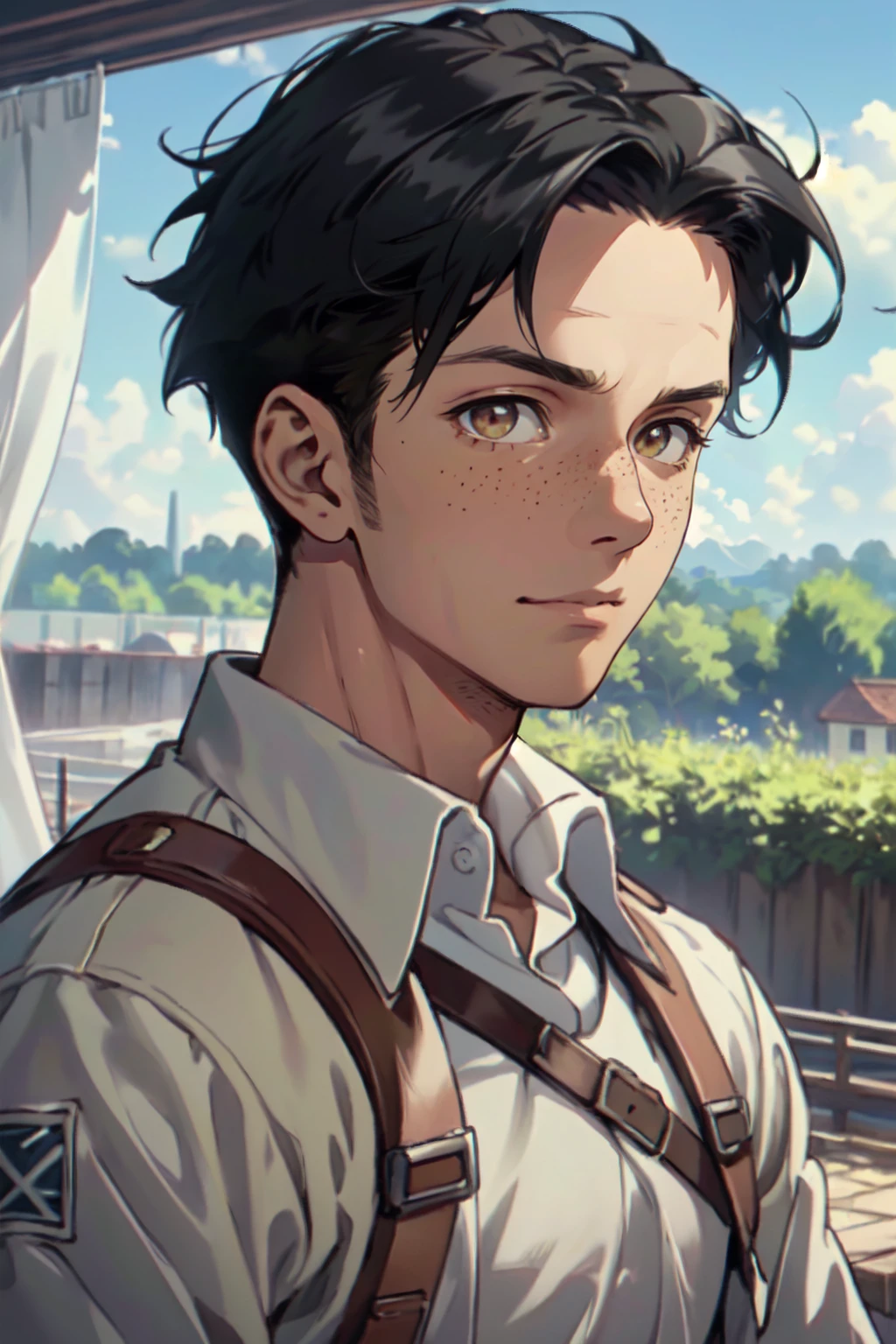 Marco Bodt,  (short hair:1.2) (black hair,  center-parted short hair,  very short curtained hair:1.2),  (bare forehead:1.2),  (light brown eyes,  normal size eyes),  wearing pure white collared shirt,  freckles,  handsome,  charming,  alluring,  friendly,  (standing),  (upper body in frame),  simple background,  green plains,  cloudy blue sky,  perfect light,  only1 image,  perfect anatomy,  perfect proportions,  perfect perspective,  8k,  HQ,  (best quality:1.5,  hyperrealistic:1.5,  photorealistic:1.4,  madly detailed CG unity 8k wallpaper:1.5,  masterpiece:1.3,  madly detailed photo:1.2),  (hyper-realistic lifelike texture:1.4,  realistic eyes:1.2),  picture-perfect face,  perfect eye pupil,  detailed eyes,  realistic,  HD,  UHD,  (front view:1.2),  portrait,  looking outside frame,  AttackonTitan,<lora:EMS-498-EMS:0.000000>,<lora:EMS-265403-EMS:0.700000>,<lora:EMS-26599-EMS:0.200000>