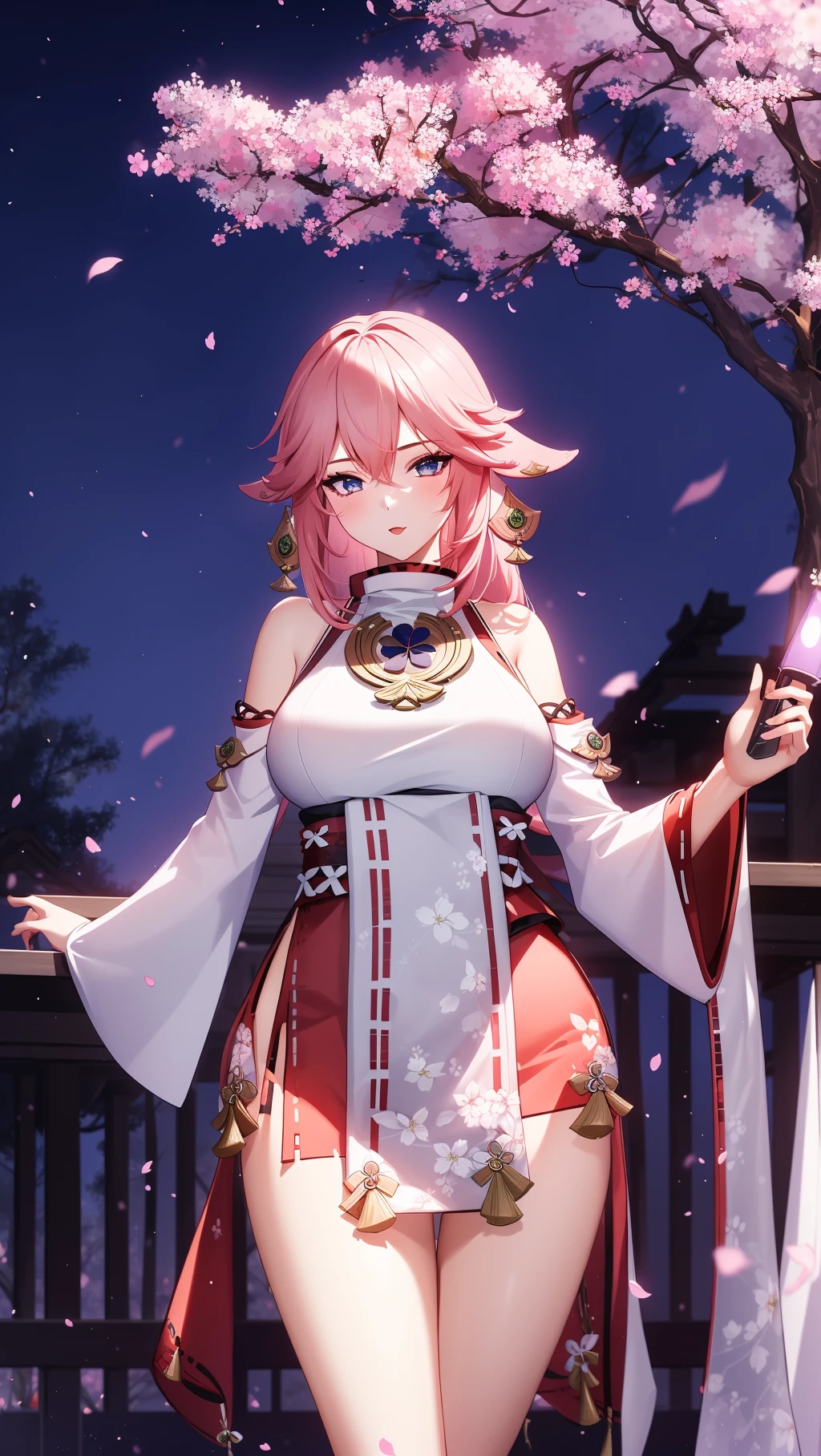 4k,(((1girl))),A sexy&cool female in the gohei at night,Yae Miko,detail,huge filesize,artbook,Cinematic Lighting,solo,<lora:[LoRA] mhy_genshin_YaeMiko_v1.0:1>,night,Cherry blossom tree,cherry blossoms,slender_waist,glamor,, (masterpiece, high resolution, best quality:1.4, breathtaking, ultra detailed)