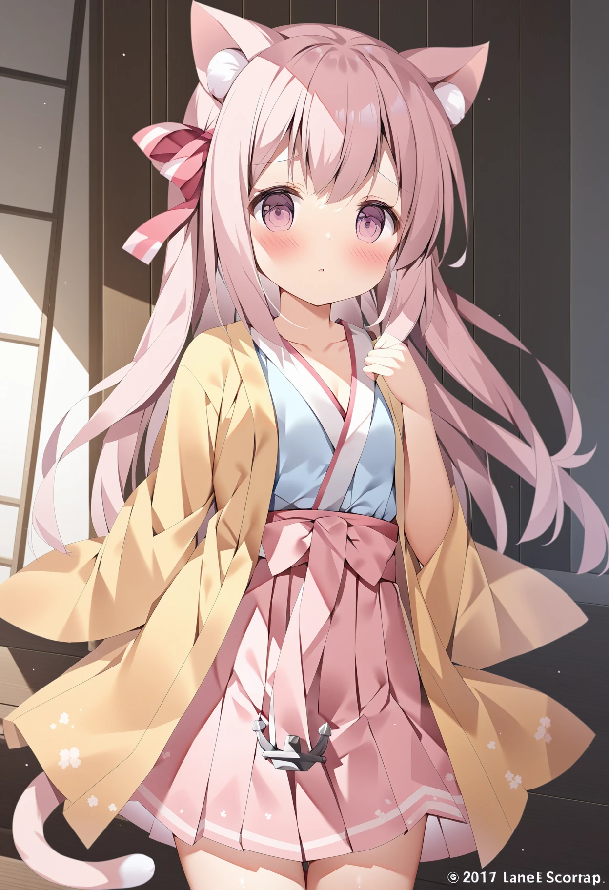 1girl, ((kisaragi \(azur lane\))), azur lane, official art, tsukimi \(xiaohuasan\), cowboy shot, pink hair, standing, yellow haori, light blue kimono, pink hakama, hakama skirt, wide sleeves, hair ribbon, animal ear fluff, long hair, cat tail, anchor, collarbone, cat ears, natural lighting, (masterpiece, best quality), newest, late, detailed scenery, bedroom, (3d render:0.8), watercolor \(medium\), <lora:kamikazes_animaginexl_2-44:0.8>