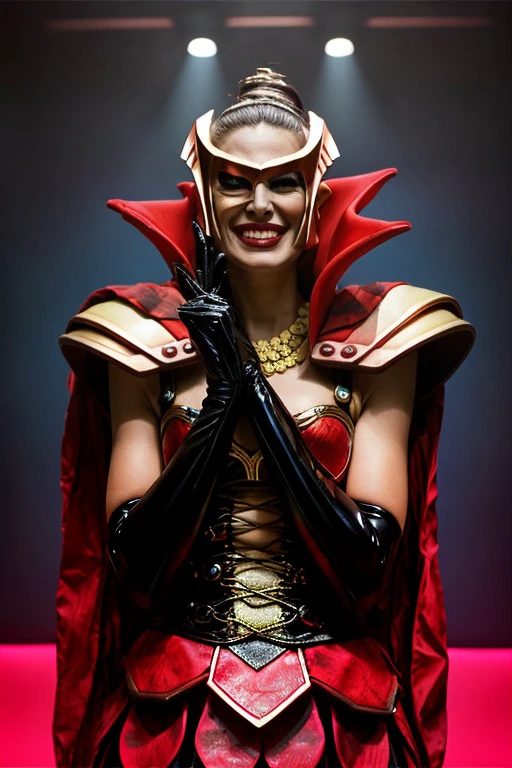 A photoshoot of Divatox, a woman in an evil pose, red cape, high collar, gold mask, gold pauldrons, black gloves, purple hair,  gold necklace, red and gold outfit, in a nightclub, evil smile, futuristic room, soft lighting, detailed eyes