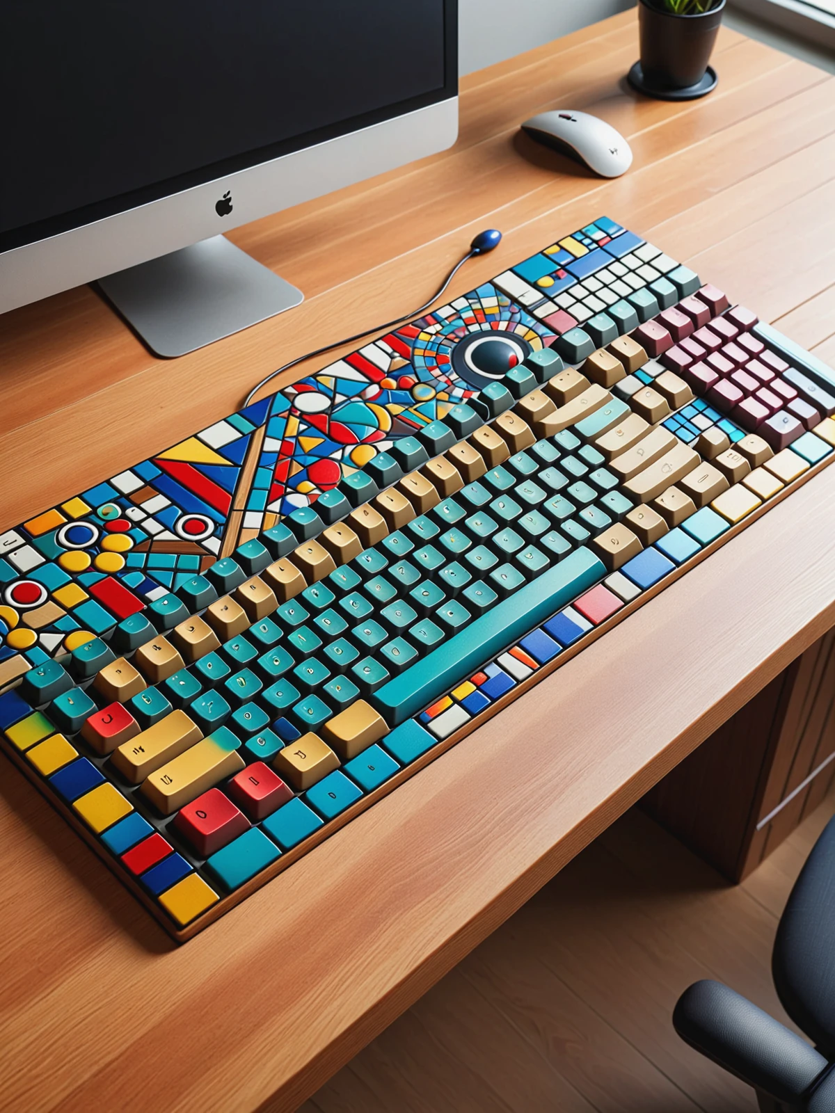 Computer with mad_colorful_mosaic keyboard on wooden desk in office <lora:Colorful_Mosaic_SDXL:0.6>, (masterpiece:1.2), best quality