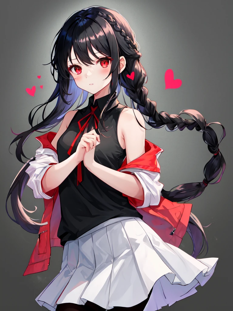 1girl, red eyes,  heart on face, long black hair, french braid, sleeveless, sidelocks, hair on face, short tight skirt, white skirt, pantyhose, black shirt,upper body, looking at viewer, simple black background