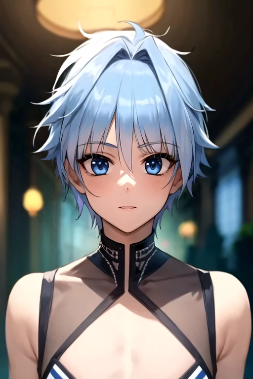 photorealistic, (4k), depth of field, (Masterpiece), (realistic skin texture), extremely detailed, intricate, hyper detailed, high resolution, professional photography, bokeh, depth of field, sharp detail, best quality, looking at viewer, 1boy, solo, male focus, <lora:fuyuhiko_nishino:0.94>, fuyuhiko_nishino, blue hair, blue eyes, short hair, fairy tale costume, aztec, 32k resolution