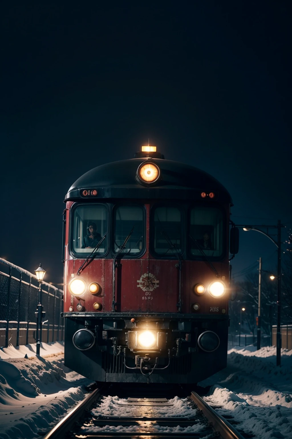 dark night, dark theme, heavy snowing, platform, red train, (masterpiece),((ultra-detailed)), (highly detailed CG illustration),(expressionless), (best quality:1.2), High quality texture, intricate details, detailed texture, High quality shadow, Cinematic Light, Depth of field, light source contrast, perspective,20s, (ulzzang-6500-v1.1:0.5), <lora:epi_noiseoffset2:1>, <lora:add_detail:0.8>,