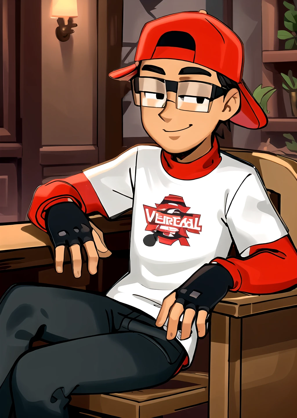<lora:GoodHands-beta2:1> 1boy, <lora:verbalase-09:0.65> verbalase, male focus, baseball cap, backwards hat, glasses, solo, red sleeves, gloves,
mature male, fingerless gloves, black eyes, sitting, smile, arm rest,
<lora:wamudraws:0.8>