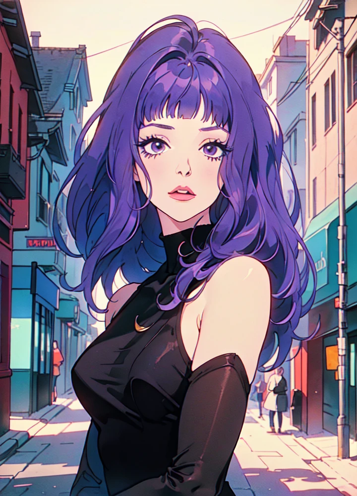 <lora:belladonnasized:0.6> 1girl, jeannabelladonna, solo, bangs, purple hair, street, portrait, (masterpiece, best quality:1.2), award winning, masterpiece, vibrant, volumetric lighting