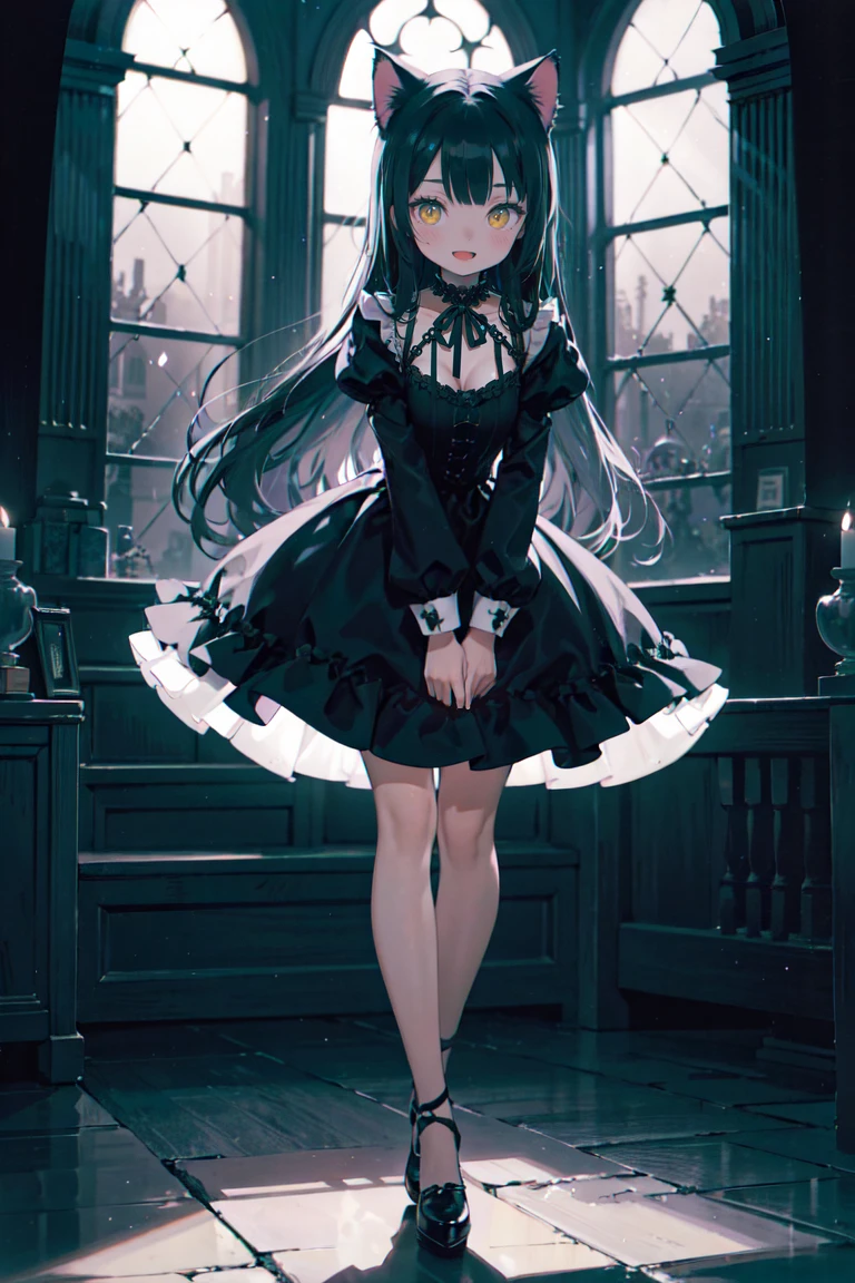 (1girl, full body:1.2),cat ears,smile,open mouth,black hair,yellow eyes,
an extremely delicate and beautiful,absurdres, highres,  (ultra detailed:1.0),
(gothic,gothic dress:1.3), flower field, curtained hair, very long hair,  leaning forward, (Transparent of light:1.3), dispersion of light, scattering of light, cinematic shot