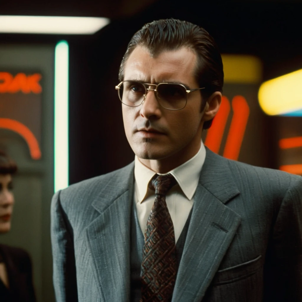 cinematic film still of  <lora:Blade Runner Style:1>
Kodak Eastman 100T 5247 Cinematic 1982 Film Stock Footage of a man in a suit and tie and glasses standing next to a woman in background Blade Runner style, shallow depth of field, vignette, highly detailed, high budget, bokeh, cinemascope, moody, epic, gorgeous, film grain, grainy