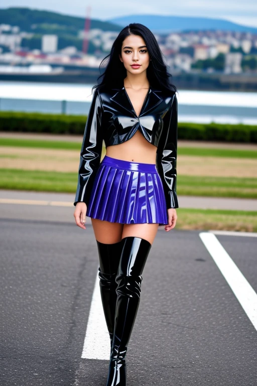 realistic, masterpiece, high detailed skin, looking at viewer, full body shot, scenic view, long hair, black hair
<lora:Latex_ Jacket_Skirt_By_Stable_Yogi:0.8> latex jacket, long sleeves, midriff, pleated miniskirt, thighhighs, boots