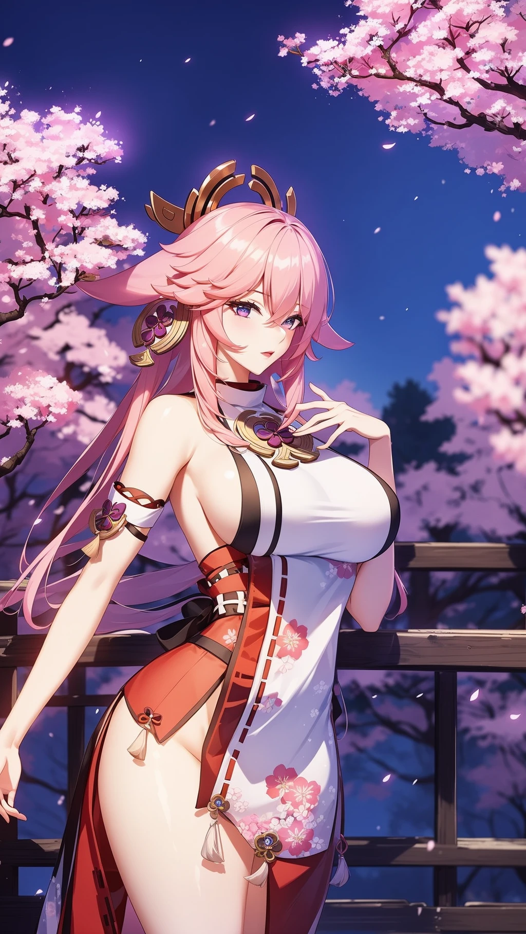 4k,(((1girl))),A sexy&cool female in the gohei at night,Yae Miko,detail,huge filesize,artbook,Cinematic Lighting,solo,<lora:[LoRA] mhy_genshin_YaeMiko_v1.0:1>,night,Cherry blossom tree,cherry blossoms,slender_waist,glamor,, (masterpiece, high resolution, best quality:1.4, breathtaking, ultra detailed)