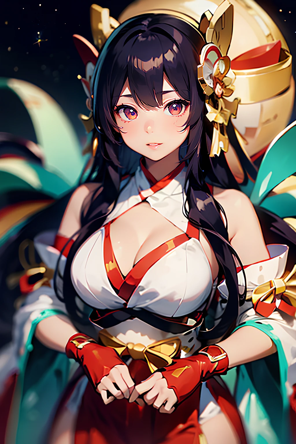 <lora:tel'annas_miko:0.8>, tel'annas miko, 1girl, solo, beautiful, black hair, long hair, Japanese style dress,