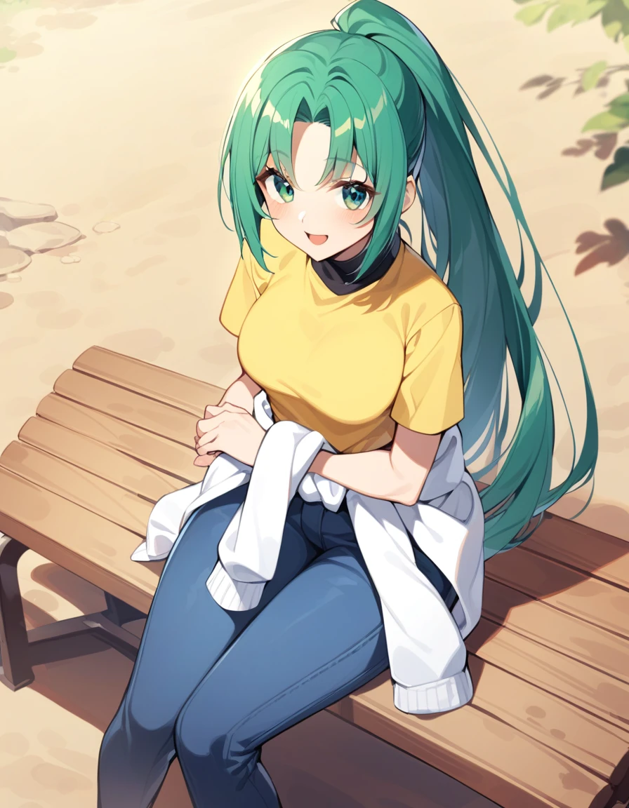 late, 1girl, Mion Sonozaki, green hair, green eyes, ponytail, yellow tee, white clothes around waist, jeans, <lora:lora-000009:1>, sitting on bench, outdoors