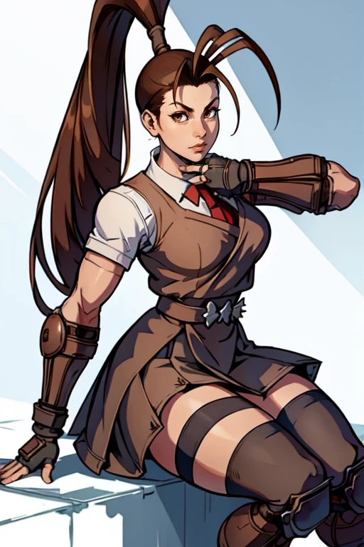 masterpiece,best quality,extreme detail,8k,<lora:ibuki:0.8> ibuki2, 1girl, solo, long hair, skirt, brown hair, thighhighs, gloves, brown eyes, school uniform, ponytail, alternate costume, fingerless gloves, armor, antenna hair, japanese armor, kote