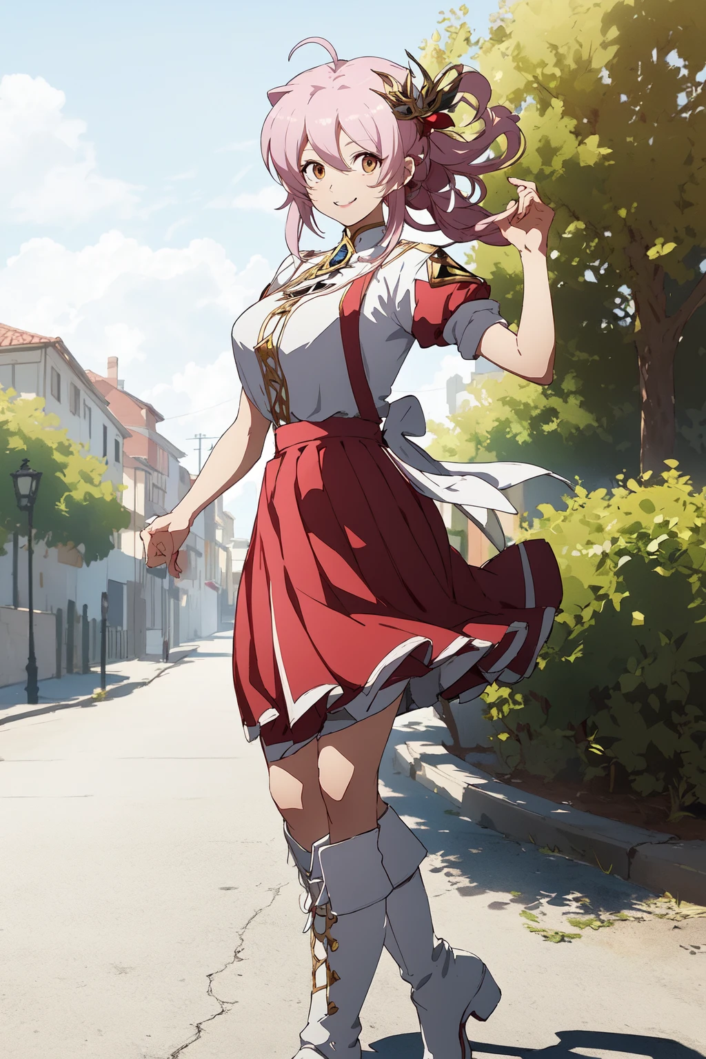 (RAW photo, best quality), 1girl, natural lighting, outdoor,, <lora:langrisser_mobile_almeda_v1_2:0.8>, almeda_langrisser_mobile, smile,
red skirt, hair ornament, white footwear, knee boots,