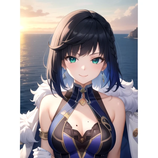 ((masterpiece)),(best quality),official art,extremely detailed CG,unity 8k wallpaper,ultra detailed,A lighthouse on a cliff by the sea,1girl,solo,upper body,(portrait:1.2),looking at viewer,short_hair,blue_hair,bangs,jewelry,green_eyes,asymmetrical_gloves,white_jacket,mismatched_gloves,white_gloves,earrings,multicolored_hair,mole_on_breast,black_hair,black_gloves,smile,cleavage,bracelet,medium_breasts,fingerless_gloves,jacket_on_shoulders,fur-trimmed_jacket,blue_dress,sleeveless,elbow_gloves,<lora:Yelan(gen)>,