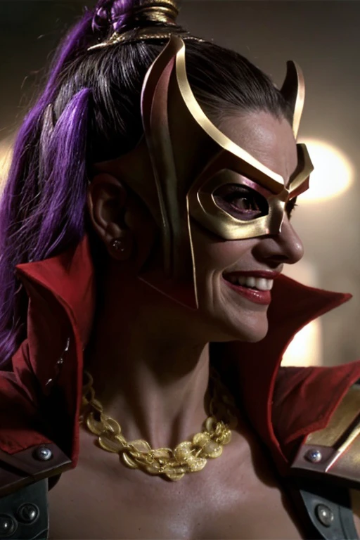 A still frame of Divatox from a movie, a woman in an evil pose, red cape, high collar, gold mask, gold pauldrons, black gloves, purple hair,  gold necklace, red and gold outfit, evil smile, detailed eyes, face focus, looking at viewer, asymmetrical mask, soft lighting, from the side