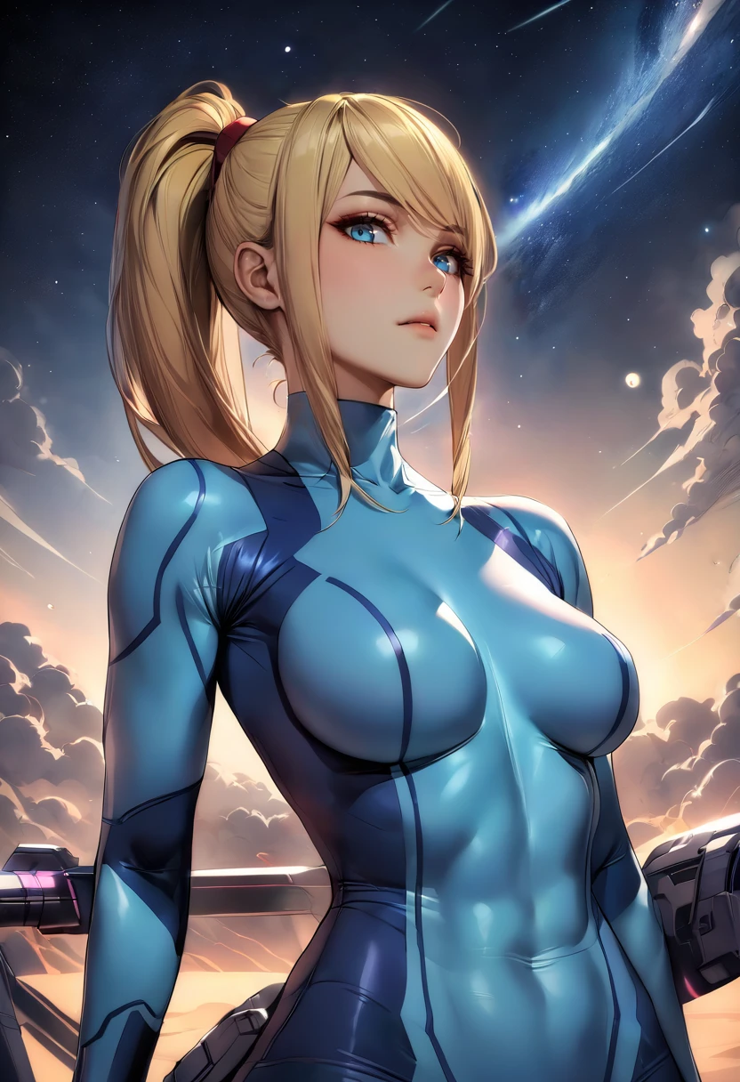 masterpiece, best quality, 1girl <lora:samus-xl-nvwls-v1-000007:0.9> defsamus, blonde hair, bodysuit, blue clothes, blue pants, upper body, looking at viewer, expressionless, outer space