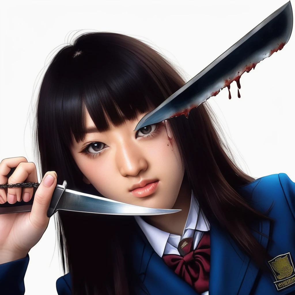 Ultra-Realistic extremely derailed 8k photo Masterpiece of 1 beautiful 22-year-old japanese gogo woman wearing school uniform, holding a knife fighting stance, smirkingextremely detailed eyes and facial features <lora:gogo woman:1>, epic beautiful lighting and breathtaking composition <lora:Perfect Hands:1> Perfect Hands