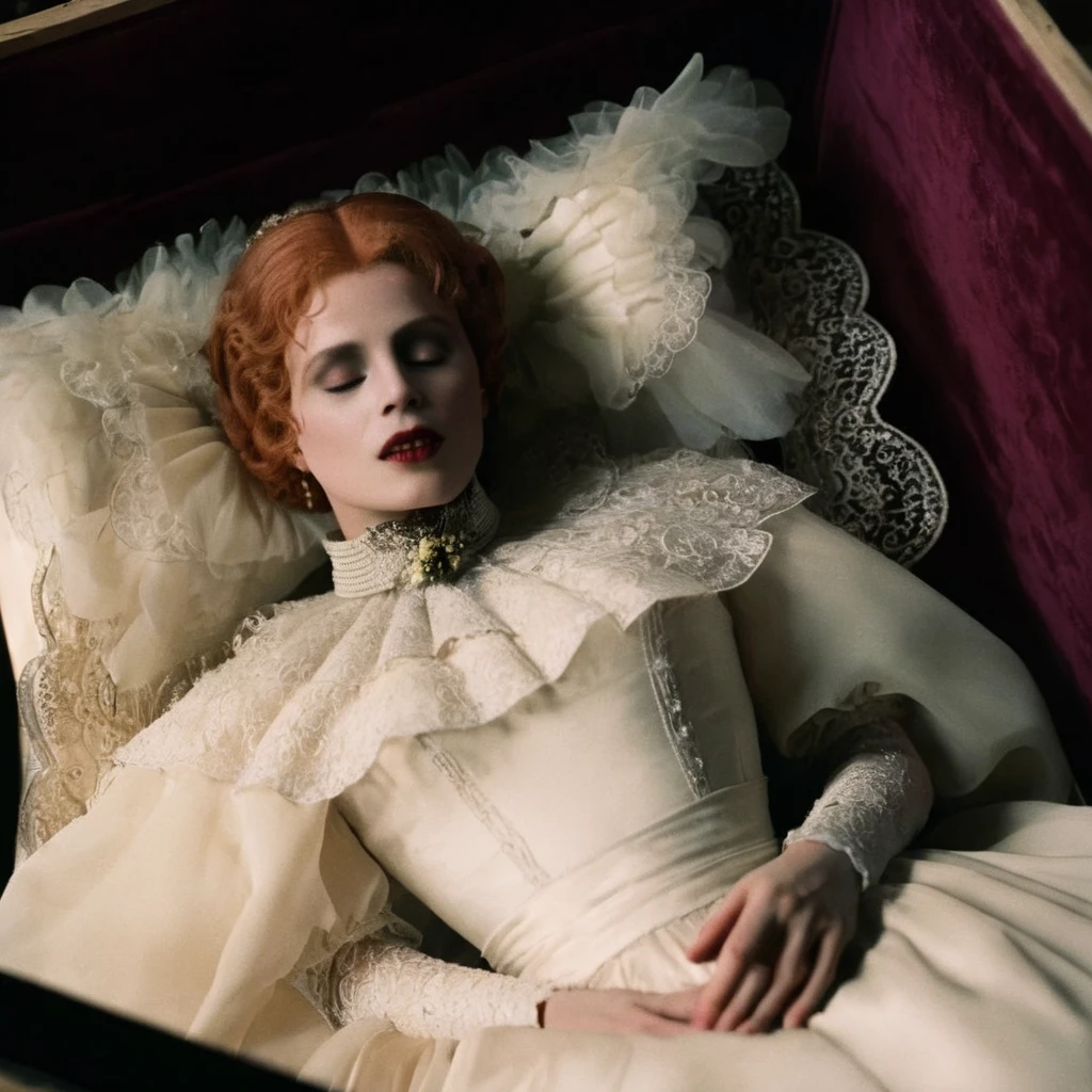 cinematic film still of <lora:Lucy Westenra:1>
Lucy Westenra a high angle from above of a dead woman in a white victorian era dress laying down in a coffin with closed eyes and white face Kodak Eastman EXR 50D 5245, EXR 500T 5296 Cinematic Film, shallow depth of field, vignette, highly detailed, high budget, bokeh, cinemascope, moody, epic, gorgeous, film grain, grainy