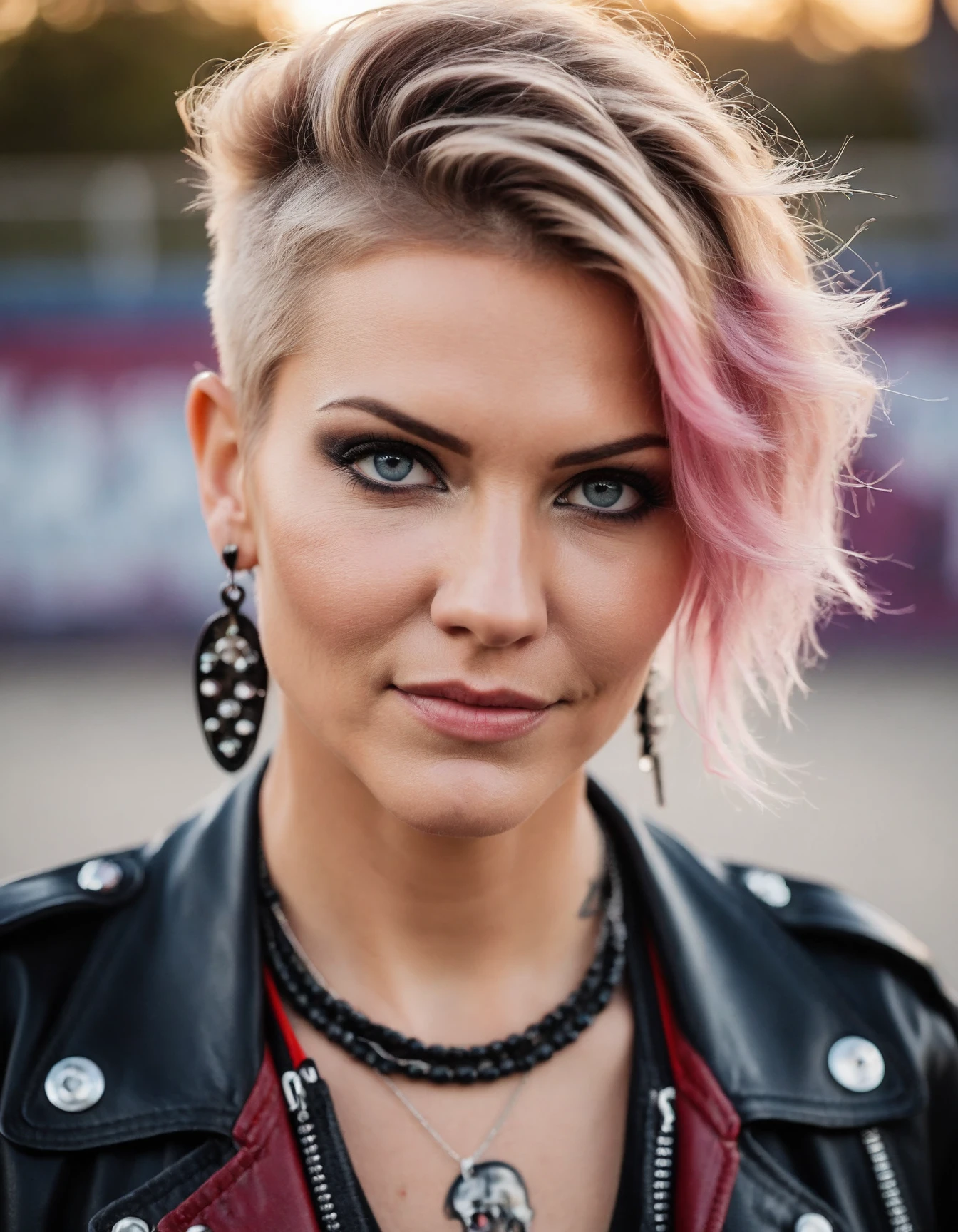 cinematic photo beautiful portrait of ((ohwx woman)) in a punk black leather jacket with studs, ((((skate park in the background)))), multiple ear piercings, multiple lips piercings, multiple eyebrow piercings, colored hair, skull necklace, kids on skateboard in the background <lora:triciahelfer_dh128_v1:1> . 35mm photograph, film, bokeh, professional, 4k, highly detailed