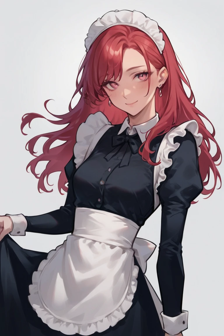 score_9, score_8_up, score_7_up, score_6_up, score_5_up, score_4_up, rating_safe, 1girl, breasts, solo, blush, maid headdress, maid, looking at viewer, smile, grey background, simple background, apron, red hair, long hair, small breasts, closed mouth, pink eyes, long sleeves, earrings, jewelry, maid apron, spot color, dress <lora:Smooth Style LoRA XL:1>