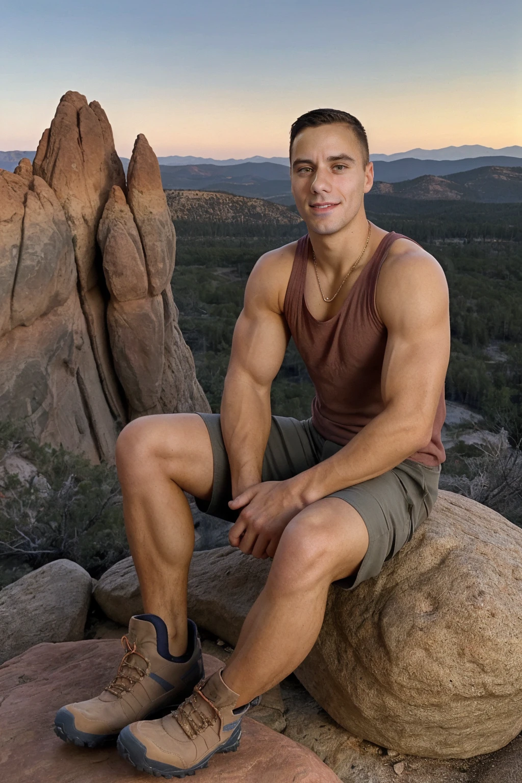 Highly photo detailed (((muscle naked man))) Picture a daring climber in the midst of an exhilarating ascent, grappling with the rugged cliff face. The sun hangs low in the sky, casting a brilliant backlight that outlines his figure against the challenging crag. Below, the lush greenery of the valley stretches into the distance, where rolling mountains meet the clear blue sky. The climber, clad in a vibrant red shirt and sturdy climbing gear, is the epitome of adventure and human determination. His focused gaze is locked on the summit, his hands finding purchase on the textured stone. This scene is a celebration of the great outdoors, the spirit of exploration, and the thrill of conquering new heights.,Muscle,handsome male