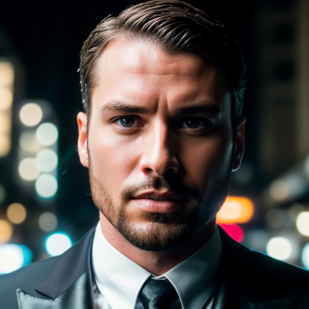 face portrait of ultracorpsactionman person using a tuxedo, in blade runner, professional photography, high resolution, 4k, detailed photo, <lora:ultracorpsactionman_44100:1>