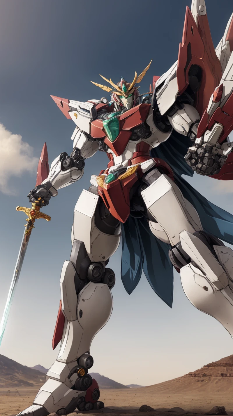 best quality,masterpiece,highly detailed,ultra-detailed, <lora:neg4all_bdsqlsz_V3.5:-1>, <lora:BravernV02:1> bravern, mecha, robot, no humans, solo, science fiction, green eyes, super robot, v-fin lineart, fighting stance, holding sword, glowing sword,, Japanese anime, expressive, diverse, imaginative, emotive, fantastical, detailed, cultural, immersive