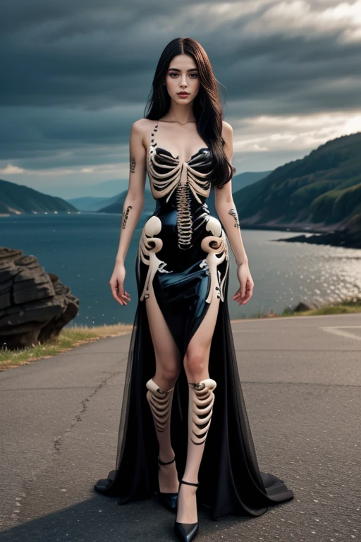 realistic, masterpiece, high detailed skin, looking at viewer, full body shot, scenic view, long hair, black hair
<lora:Latex_Skeleton_Bones_Dress_By_Stable_Yogi:1> latex pattern, skeleton bones dress