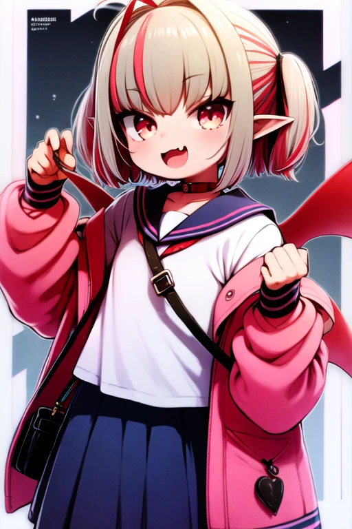 best quality, masterpiece, ultra high res, upper body, 1girl, solo, (makaino ririmu:1.3), demon girl, demon wings, red wings, ahoge, grey hair, multicolored hair, streaked hair, red hair, medium hair, twintails, sidelocks, pointy ears, red eyes, skin fang, red choker, pink jacket, open jacket, white shirt, serafuku, handbag, blue miniskirt, leg tattoo, smile, open mouth, street <lora:hagayuiV2:1>