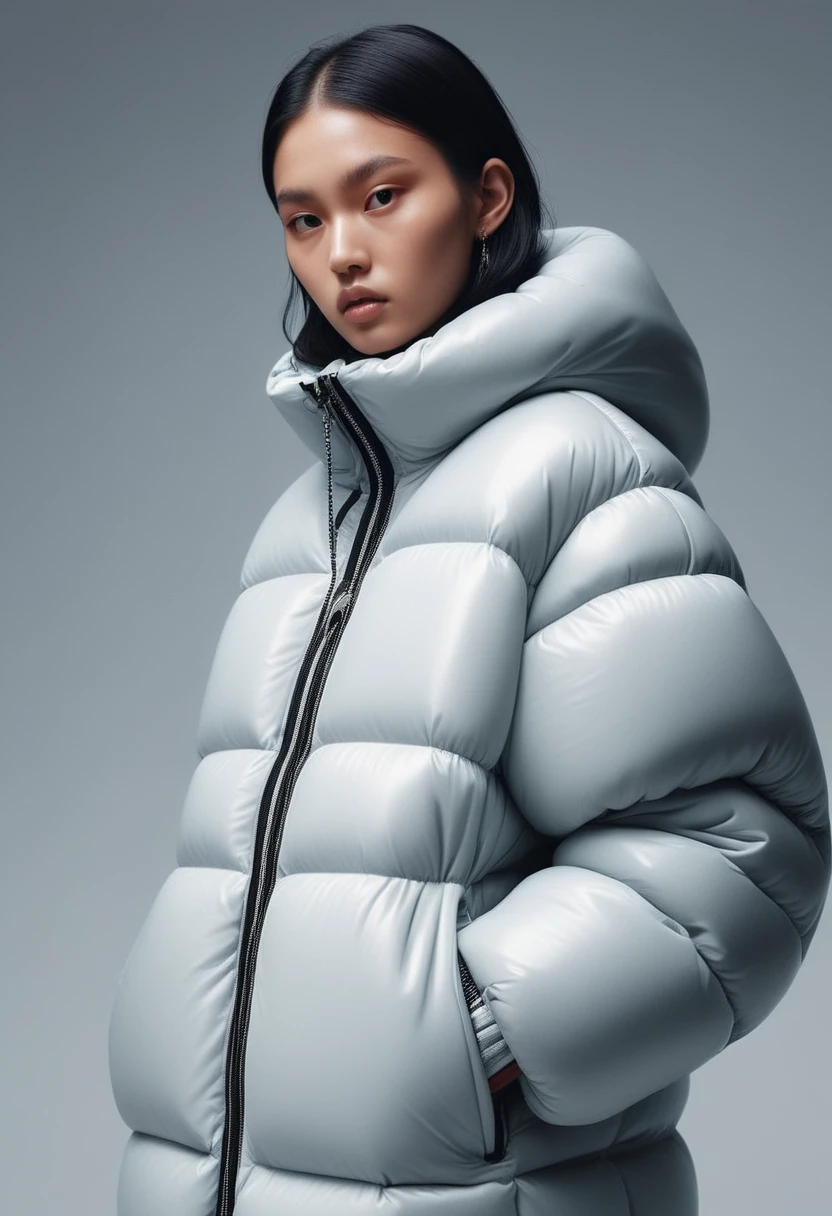 a well lit fashion shoot portrait of extremely beautiful female wearing massively over size puffer jacket by craig green, dingyun zhang, yeezy, balenciaga, vetements, sharp focus, clear, detailed, , cinematic, detailed, off white, glamourous, symmetrical, vogue, editorial, fashion, magazine shoot, glossy