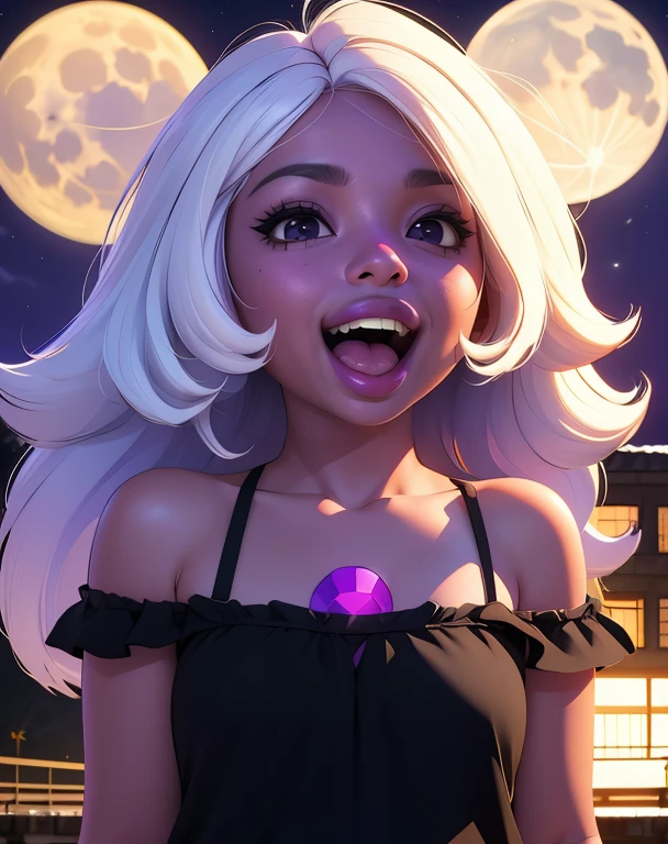 Amethyst,(purple skin:1.2),long white hair,black eyes,gem between collarbone,plump,plump lips,upturned nose.,
grey shirt,sleeveless,off shoulder,open mouth,
standing,upper body,
small home,night,
(insanely detailed, masterpiece, best quality),
smiling,solo,<lora:Amethyst-14SSv9:0.8>,