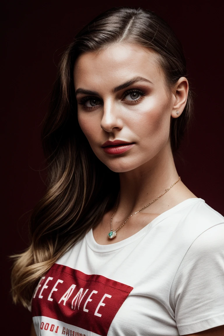 photo of (lw0nt0rra-134:0.99), a beautiful woman, perfect hair upsweep updo, (sad look), (modern photo, Silvery Pink graphic tee), 24mm, (analog, cinematic, film grain:1.3), ((plain Ruby Red background:1.2)), detailed eyes, (seductive pose), (epicPhoto), (looking at viewer), jewelry, (cinematic shot:1.3), PA7_Portrait-MCU