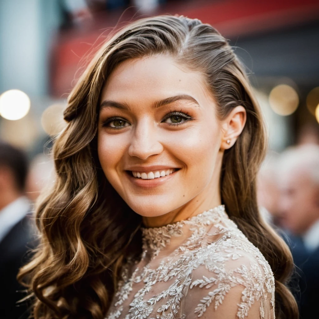 Super high res closeup red carpet event portrait photo skin texture of a woman smiling,long wavy hair,f /2.8, Canon, 85mm,cinematic, high quality, skin texture, looking at the camera, <lora:gihadid_xl_1_standard-000094:1>
