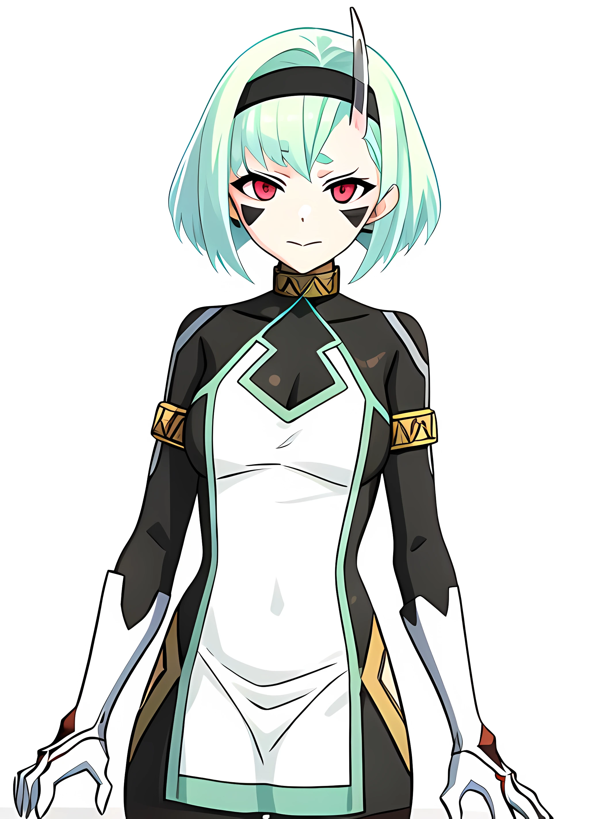 Koko Zenibako, dress, black skin color, 1girl, solo, short hair, looking at viewer, claws, red eyes, green hair, facial mark, hairband, single horn, breasts, aqua hair, closed mouth, <lora:Koko Zenibako20r61r61rcorrected-000006:0.6>