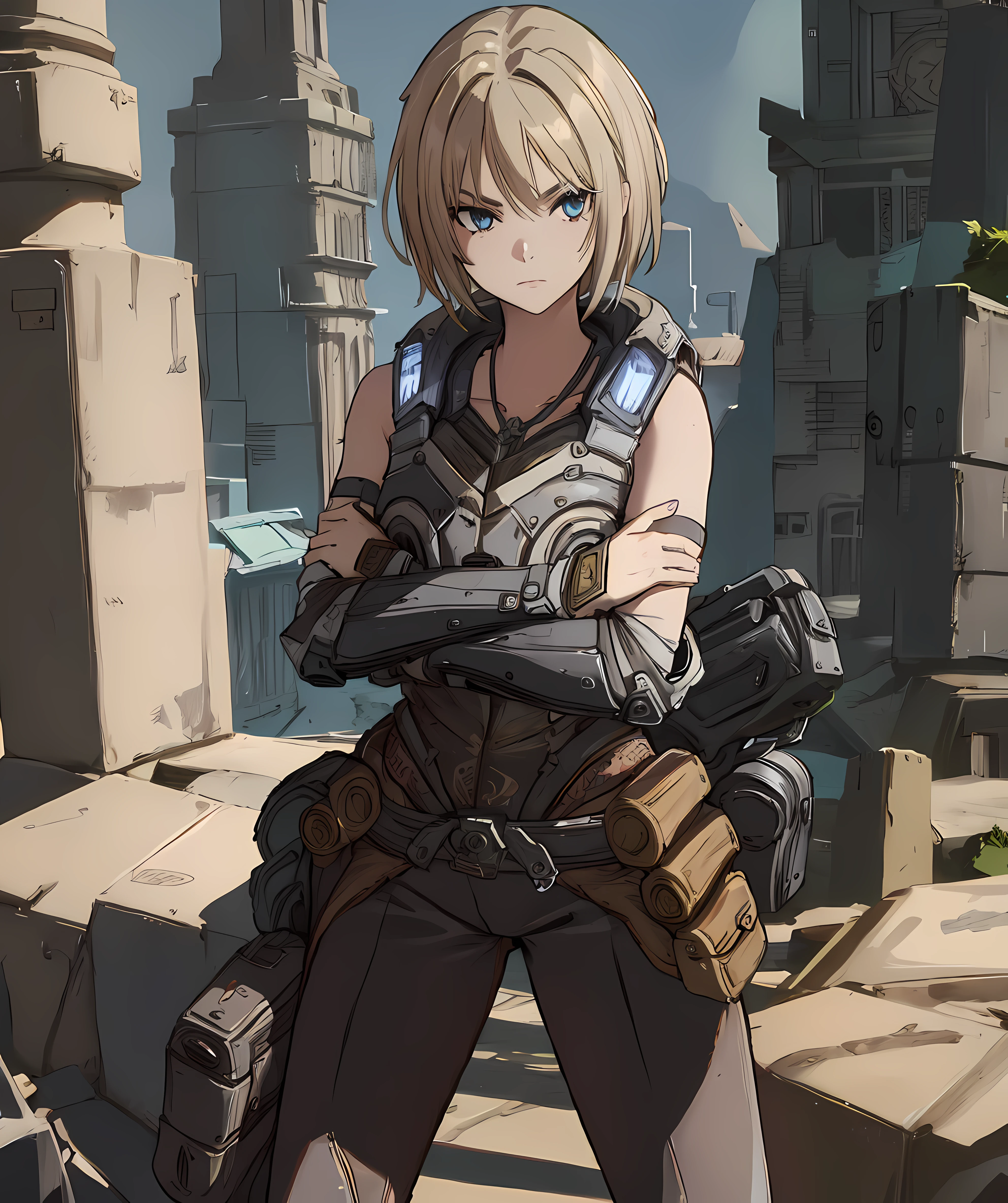 anya_stroud, armor, standing, looking at viewer, holding a gun, crossed arms <lora:Anya_Stroud:0.85>
