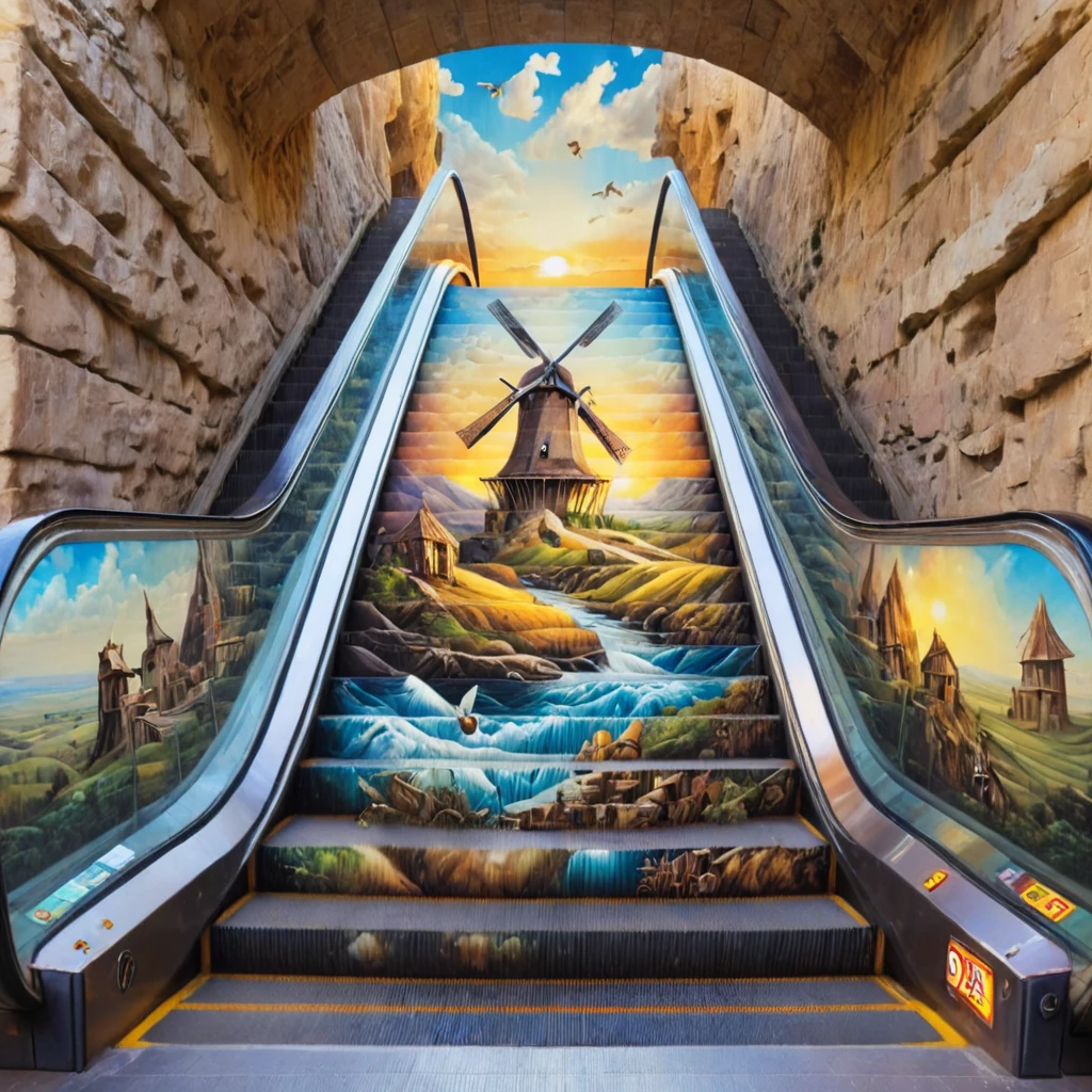 escalator,fantasy landscape, a windmill, escalator-art <lora:escalator-art6:1>