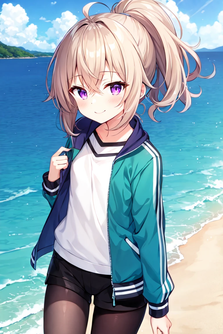 (masterpiece), (best quality:1.2, high quality:1.2, highres), sea, ocean, lake, sand, solo, solo focus, (upper body), 1girl, yoshinaga koi, medium hair, messy hair, short ponytail, high ponytail, hair between eyes, light brown hair, purple eyes, smile, track jacket, green jacket, black shorts, short shorts, leggings, black legwear