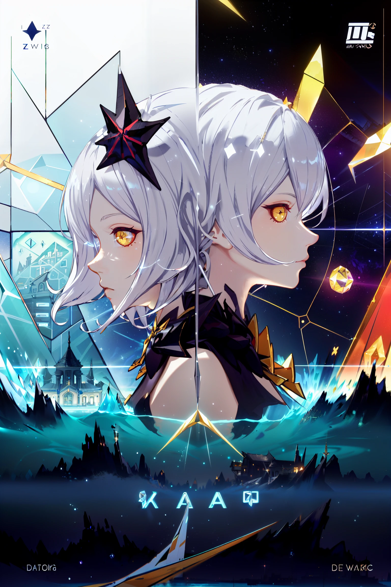 simple_white_background, golden and white theme, Sense of coordination, sense of order, mathematics beauty, (((cover design))), (((((cover art))))), ((trim)), album_art, official art, (Master's work), full body, ( closeup, 1girl,solo:1.4),
<lora:defkonglv-v100:0.8:lbw=OUTALL>,(konglv, + +, cross-shaped pupils), 1girl, long hair, gloves, kiana kaslana, thighhighs, asymmetrical gloves, hair ornament, breasts, bangs, single elbow glove, black footwear, yellow eyes,
<lora:nai3lora-000012:0.5>,nai3,
<lora:AkramBham:0.8>,
glass, STARS,sea of stars, god, white geometry, colorful geometry, reflection, crystal_art, pattern_design, creative, Mystery pattern, colorful crystal decorate, blue crystal, (architectural art), ((geometric art)), pattern design, creative, shine, dream,
space,azazel (helltaker), out space,
------,
Low saturation, grand masterpiece, Perfect composition, film light, light art,