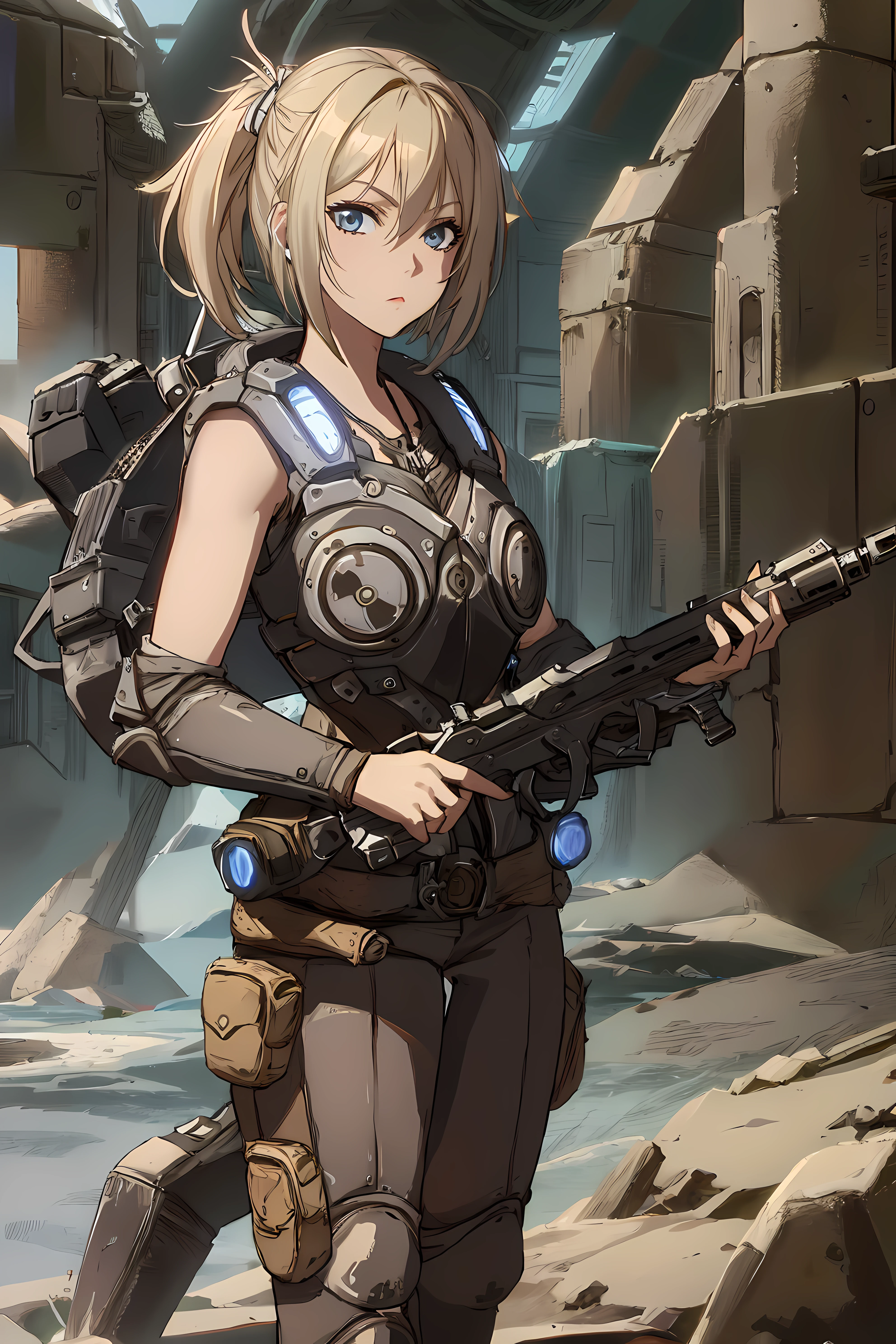 anya_stroud, armor, standing, looking at viewer, holding a gun, simple background <lora:Anya_Stroud:0.85>
