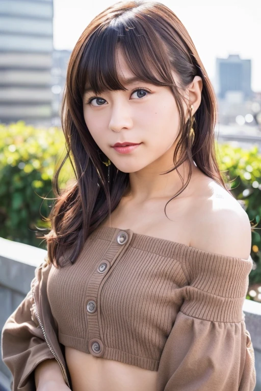 1girl, (cropped top, jacket:1.4),(sleeveless, off shoulder:1.4),(RAW photo, best quality), (realistic, photo-realistic:1.8), masterpiece, an extremely delicate and beautiful, extremely detailed, 2k wallpaper, Amazing, finely detail, extremely detailed CG unity 8k wallpaper, ultra-detailed, highres, soft light, beautiful detailed girl, extremely detailed eyes and face, beautiful detailed nose, beautiful detailed eyes,cinematic lighting,(in the city:2.0),perfect anatomy,(slender body:1.6),(close up face:1.6),(gently smile,friendly, warm:1.8),(looking at viewer:2.0),(young japanese idol:1.8),(wavy short hair:1.8), (brown eyes:1.8),(dynamic pose:2.0), (cleavage:1.2),  <lora:minaseinori_lora-14:0.8>