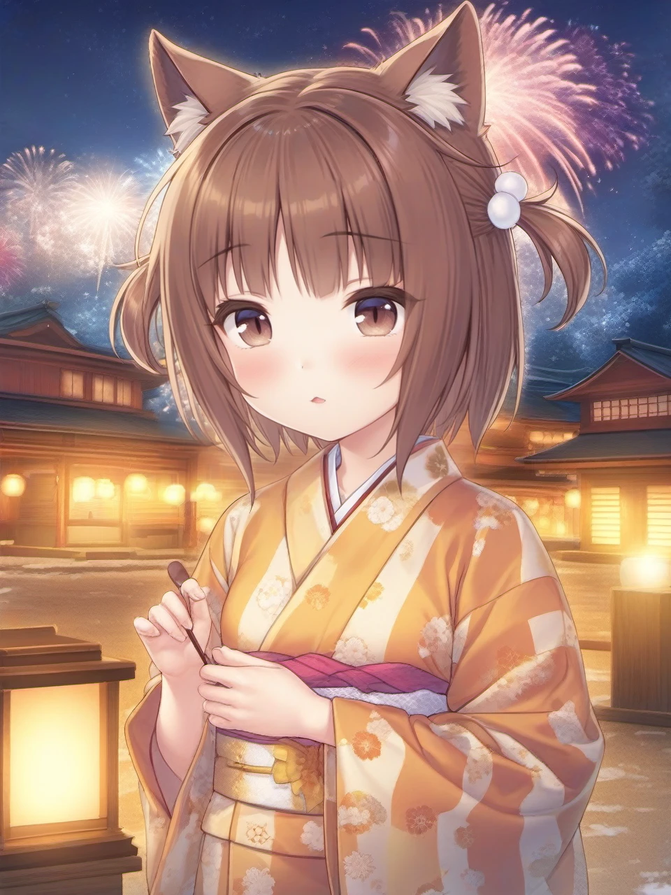 <lora:azuki-SDXL-000008:0.75>,nekopara, nekopara_azuki, azuki,1girl,solo,cat_girl,cat_ears,animal_ears,animal_ear_fluff,brown_hair,brown_eyes,two_side_up,small_breasts,masterpiece, best quality,
<lora:nekoazuki-newlora-v3:0.8>,azuki,1girl,solo,cat_girl,cat_ears,animal_ears,animal_ear_fluff,brown_hair,brown_eyes,two_side_up,small_breasts, New Year celebration, fireworks, traditional Japanese New Year, kimono, festive atmosphere, shrine visit, Japanese temple, night scene, lanterns, new year decorations, red and gold color theme, high resolution, detailed background, serene and joyful, cultural celebration, winter scene, snowflakes, high-quality rendering