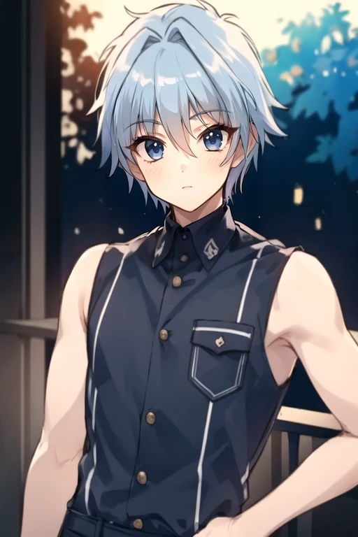 photorealistic, (4k), depth of field, (Masterpiece), (realistic skin texture), extremely detailed, intricate, hyper detailed, high resolution, professional photography, , depth of field, sharp detail, best quality, looking at viewer, 1boy, solo, male focus, <lora:fuyuhiko_nishino:0.86>, fuyuhiko_nishino, blue hair, blue eyes, short hair, firefighter costume, dieselpunk, HD-DVD