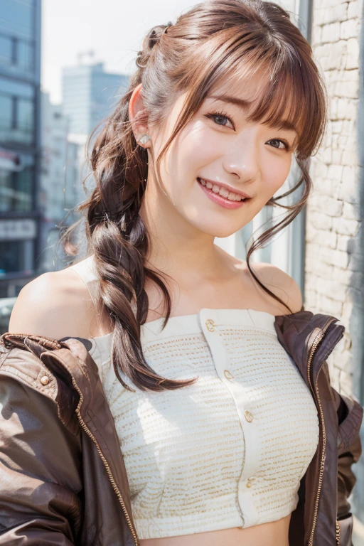 1girl, (cropped top,jacket:1.6),(sleeveless, off shoulder:1.4),(RAW photo, best quality), (realistic, photo-realistic:1.8), masterpiece, an extremely delicate and beautiful, extremely detailed, 2k wallpaper, Amazing, finely detail, extremely detailed CG unity 8k wallpaper, ultra-detailed, highres, soft light, beautiful detailed girl, extremely detailed eyes and face, beautiful detailed nose, beautiful detailed eyes,cinematic lighting,(in the city:2.0),perfect anatomy,(slender body:2.0),(close up face:1.6),(laugh, friendly, warm:1.8),(looking at viewer:2.0),(young japanese idol:1.8),(wavy long hair:1.8), (brown eyes:1.8),(dynamic pose:2.0), (cleavage:1.4), <lora:okasakimiho_lora-10:0.8>