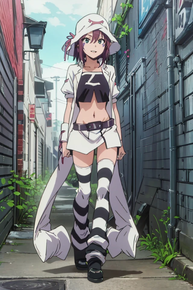 1girl,outdoors,alley,masterpiece, professional artwork, famous artwork, perfect face,perfect eyes, <lora:merryNightmare2nd_e12:0.9> merryN,large breasts,labcoat,beautiful face,cute smile,parted lips,fang,standing,full body,(striped thighhighs), hat,belt,navel,pointy ears,pov,