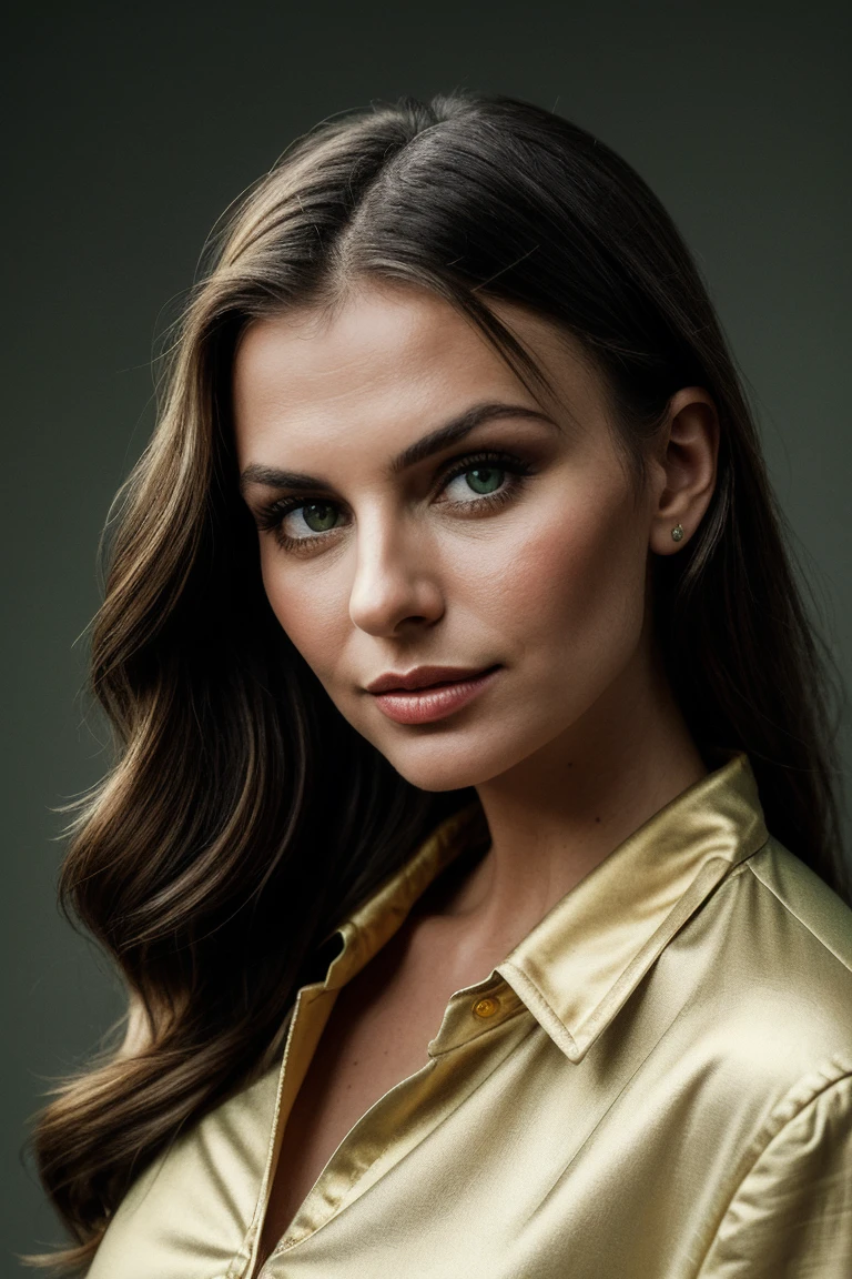 photo of (lw0nt0rra-134:0.99), a beautiful woman, perfect hair, (modern photo, Pastel Green button shirt1.1), 24mm, (analog, cinematic, film grain, hazy atmosphere:1.3), ((plain Harvest Gold background, jazz club:1.2)), detailed eyes, (seductive), (epicPhoto), (looking at viewer), (cinematic shot:1.3), PA7_Portrait-MCU