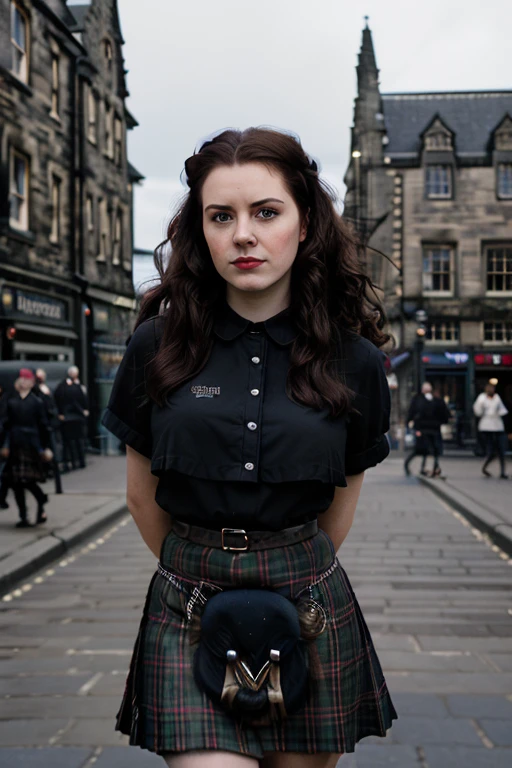 cinematic photo, _ woman in Edinburgh with dark auburn retro curls wearing a s_kilt, 35mm photograph, film, bokeh, professional, 4k, highly detailed <lora:s_kilt:.7> <lora:sd_v15_dpo_lora_v1:1>