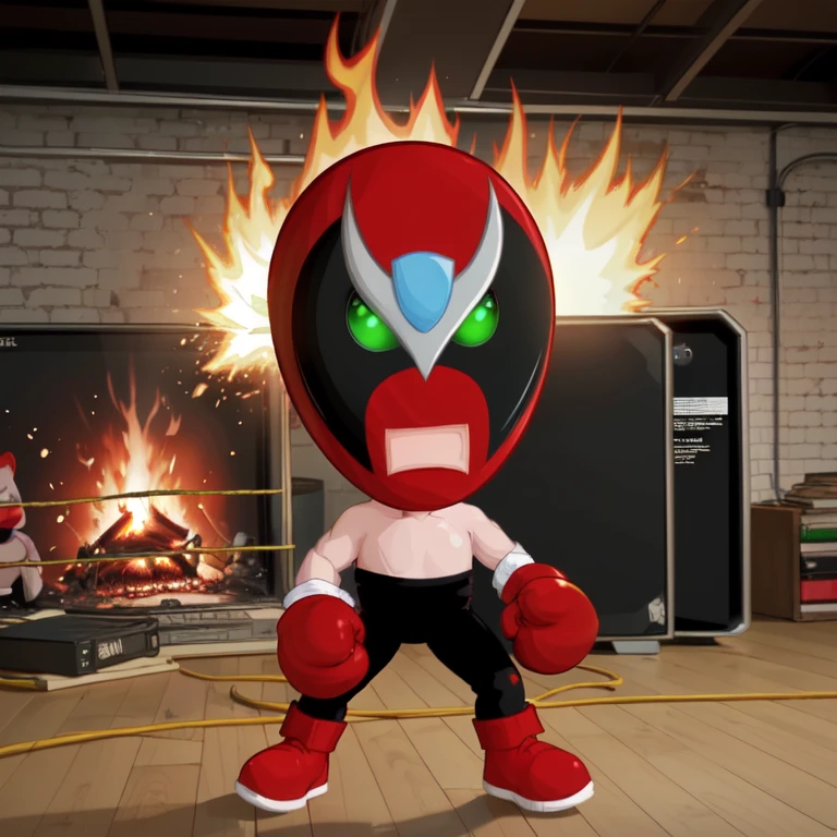 strongbad, lucha libre, solo, red mask, green eyes, black pants, boxing gloves, chibi , red boots, indoors at the computer, cartoon, explosions, fire, wrestling, raising glove,   <lora:Strongbad-000013:1>