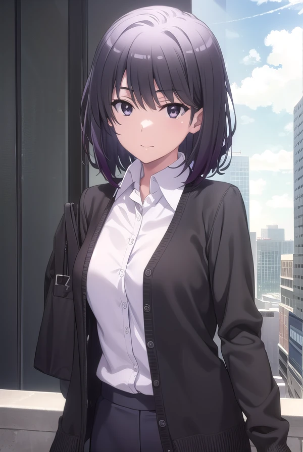 harunoyukinoshita, <lora:haruno yukinoshita s2s3-lora-nochekaiser:1>,
haruno yukinoshita, short hair, hair between eyes, (black eyes:1.5), black hair, gradient hair, two-tone hair, purple hair, smile,
BREAK shirt, white shirt, collared shirt, cardigan, black cardigan,
BREAK outdoors, city, sky, sun, people, crowd, buildings, clouds,
BREAK looking at viewer,
BREAK <lyco:GoodHands-beta2:1>, (masterpiece:1.2), best quality, high resolution, unity 8k wallpaper, (illustration:0.8), (beautiful detailed eyes:1.6), extremely detailed face, perfect lighting, extremely detailed CG, (perfect hands, perfect anatomy),