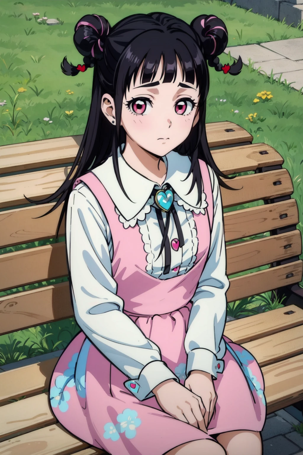 mahoro, 1girl, black hair, solo, outdoors, braid, double bun, pink sleeveless dress, bangs, looking up, long hair, twin braids, pink eyes, white collared shirt, looking at viewer, blunt bangs, bench, sitting, closed mouth,(pink pinafore dress), heart hair ornament, sleeves past elbows, grass, frilled shirt collar, (from above), floral print, bolo tie, collared shirt, brooch, two-tone hair,(best quality, masterpiece) <lora:mahoro_v1:1>